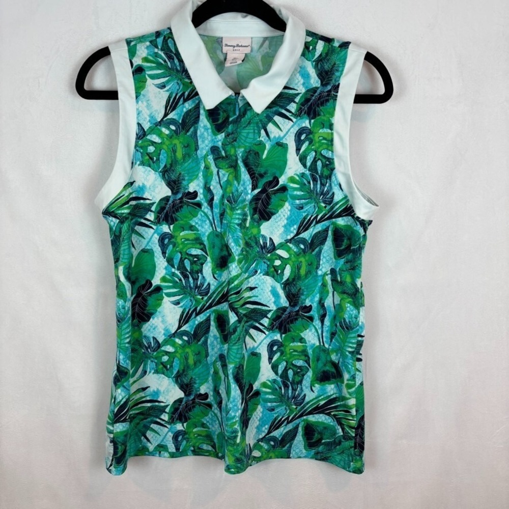 Tommy Bahama Women's Golf Sleeveless Colared Blouse Green Floral Blouse SZ Large